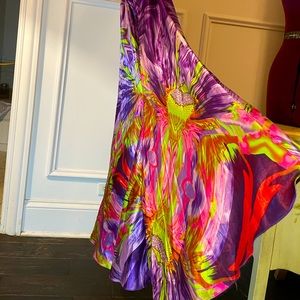 Exotic colored floor length dress, longer in back, sewn sequin pattern on top
